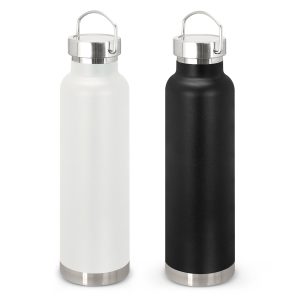 Black and white drink bottles with chrome accents