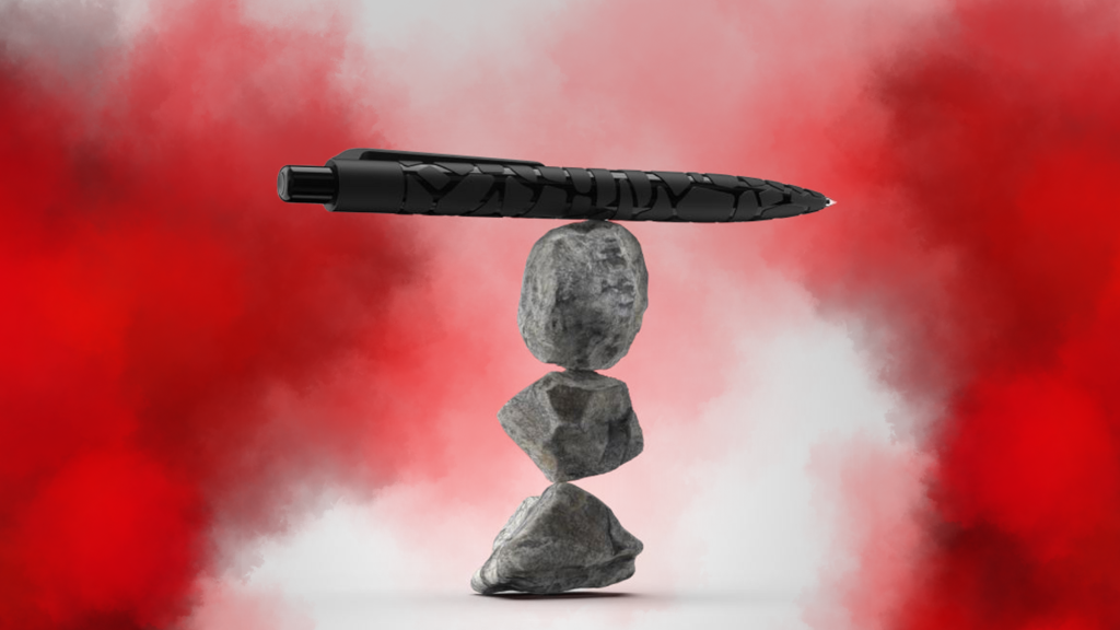 Red smoke around a textured pen balancing on three stones representing the best type of pens for small business.